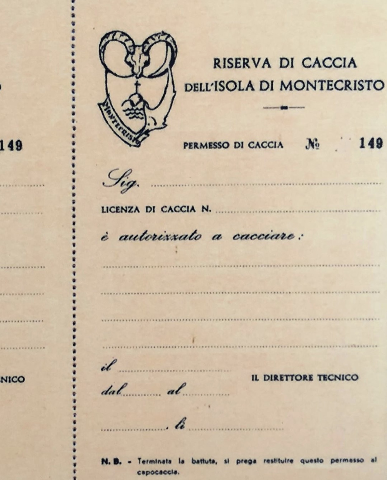 Old hunting permit of Montecristo Tuscany in Italy
