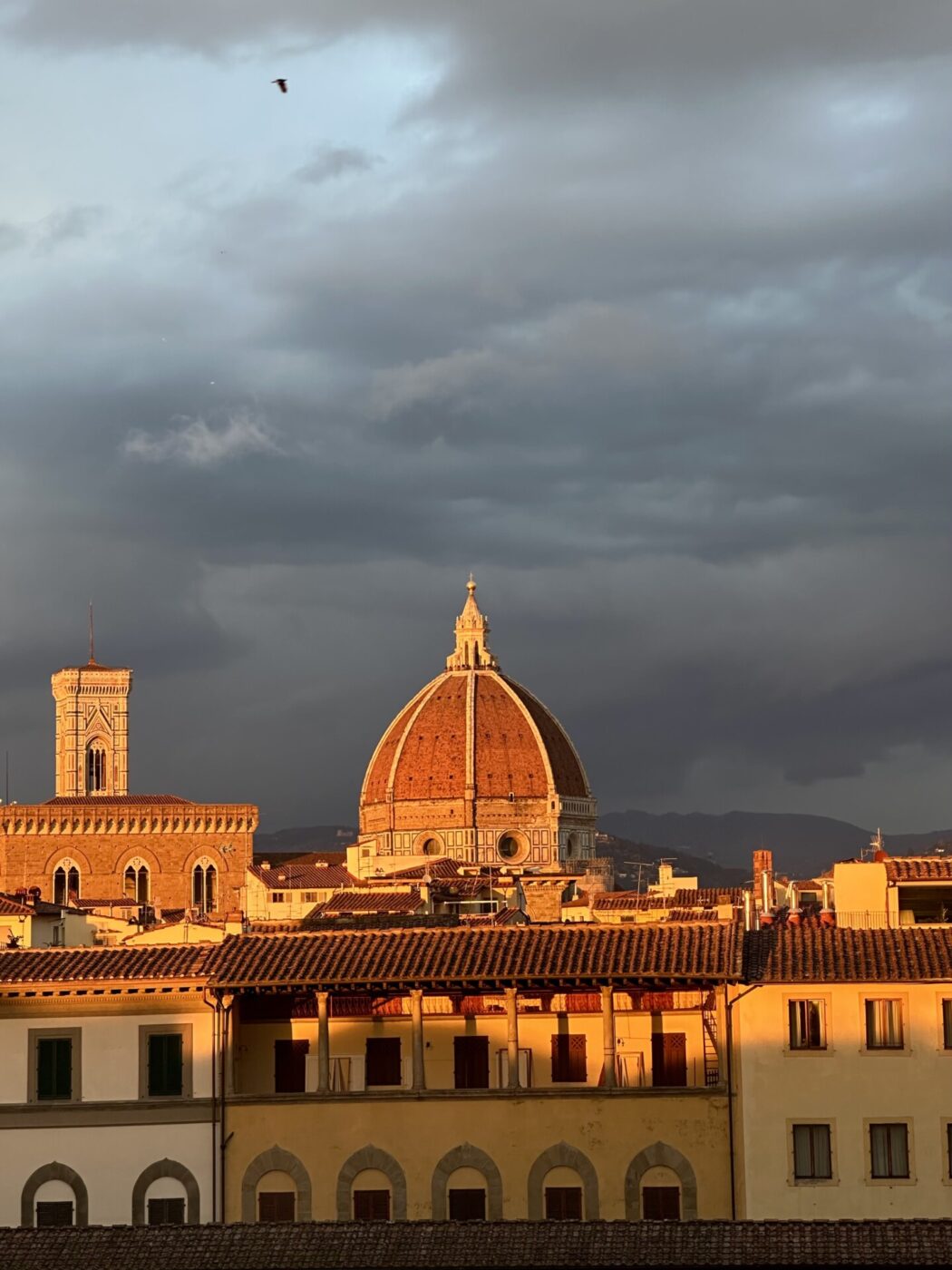 the duomo in Florence photographed at golden hour, illuminated with orange light and a dark gray sky in the background
