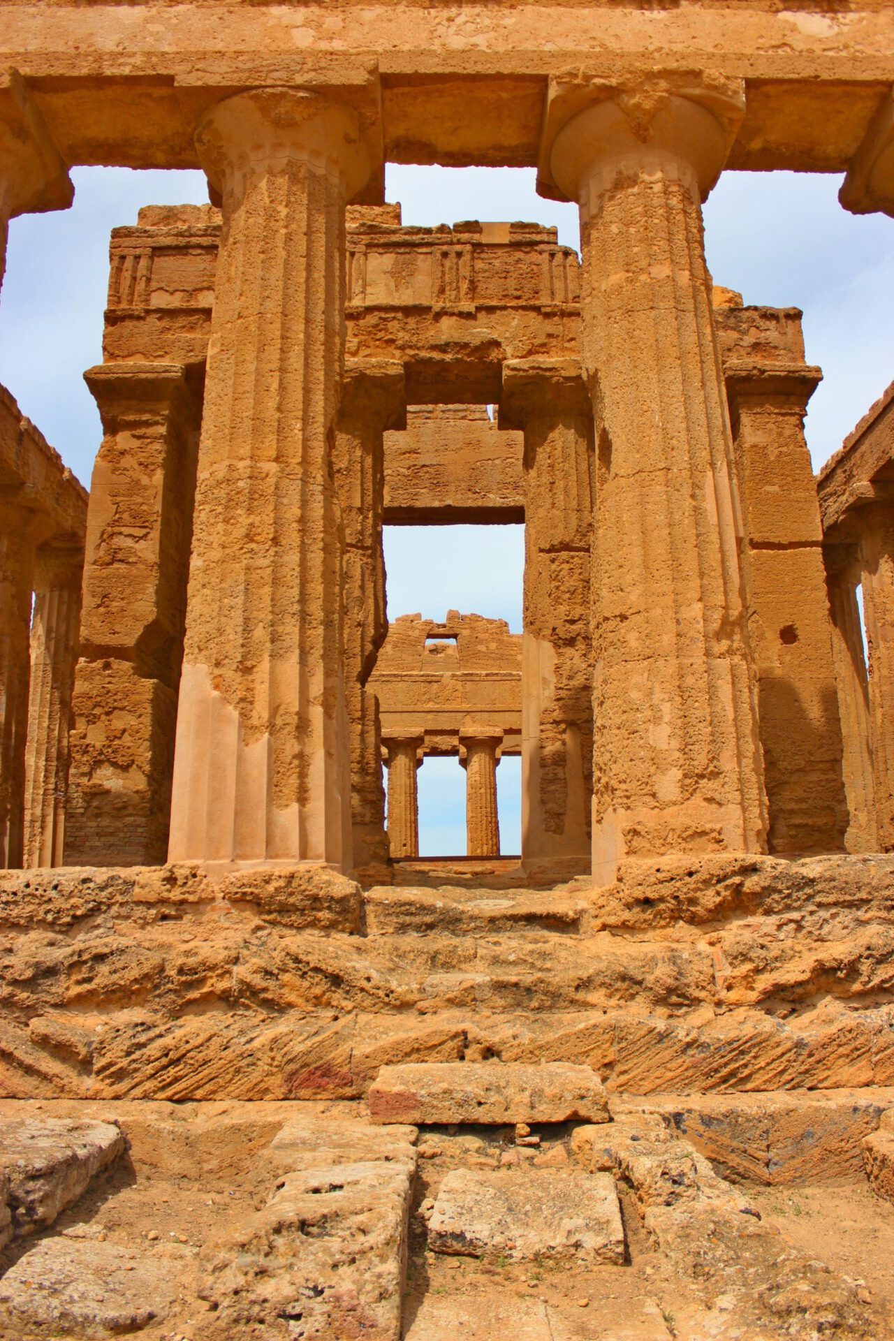 Front view of the old columns in rock of the temple of Concordia in Agrigento Sicily in Italy