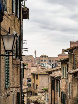 Antique buildings view with green wooden windows plants and sky background of Siena in Tuscany Italy