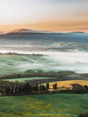 Wide green landscape with trees fog and orange sunset at San Casciano Dei Bagni in Tuscany Italy