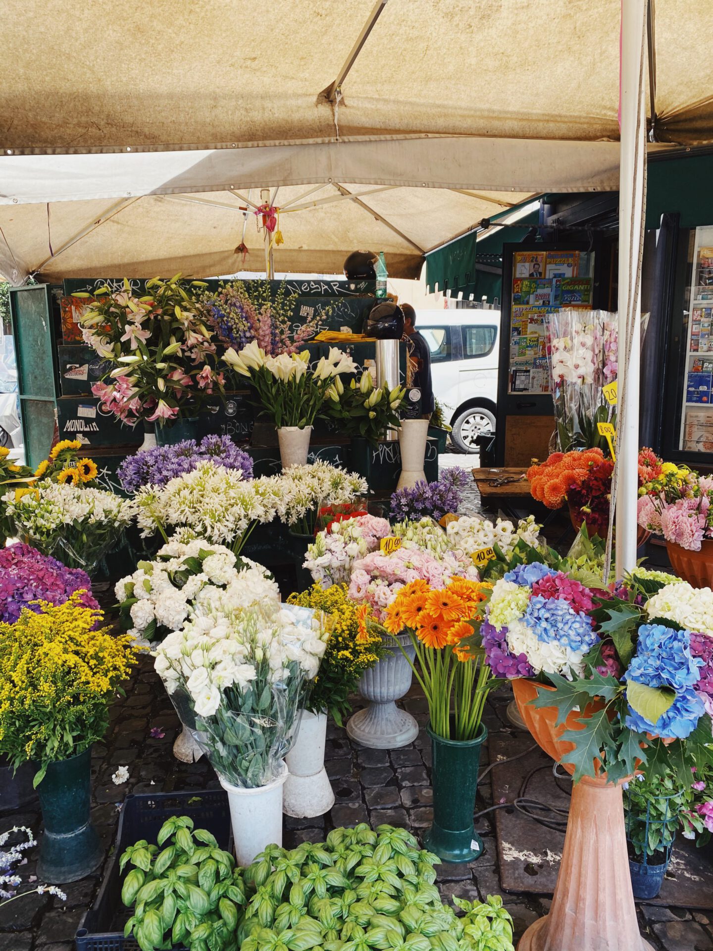 Flower shop filled with colorful and big plants and flowers in front of a Roman kiosk at Campo Dei Fiori in Rome Lazio in Italy