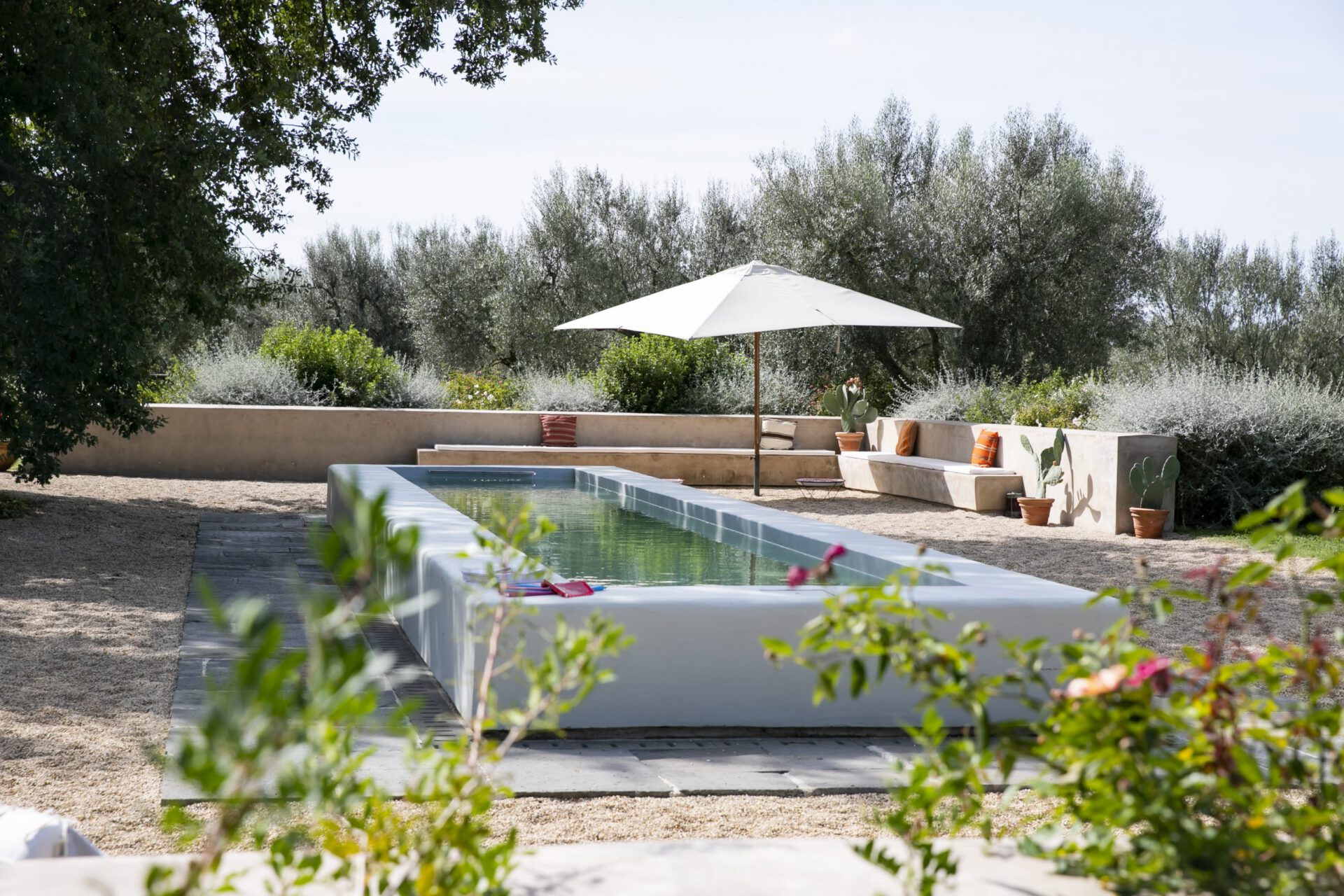 Modern designed swimming pool with concrete couches an umbrella and rocks surrounded by plants and trees in an equestrian farm, Tenuta di Paternostro in Tuscia Italy