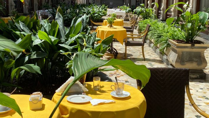 Yellow tables with coffee cups and chairs surrounded by pots and plants within antique building with columns at Galleria Subalpina in Turin Piedmont in Italy