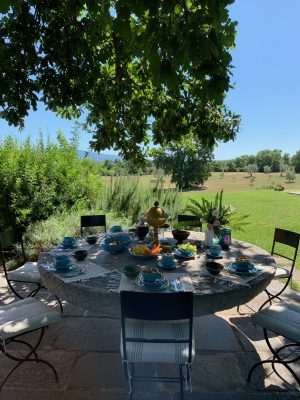 Circular rock table with metallic chairs filled with blue ceramic plates and cups for breakfast surrounded by plants and trees in an equestrian farm, Tenuta di Paternostro in Tuscia Italy