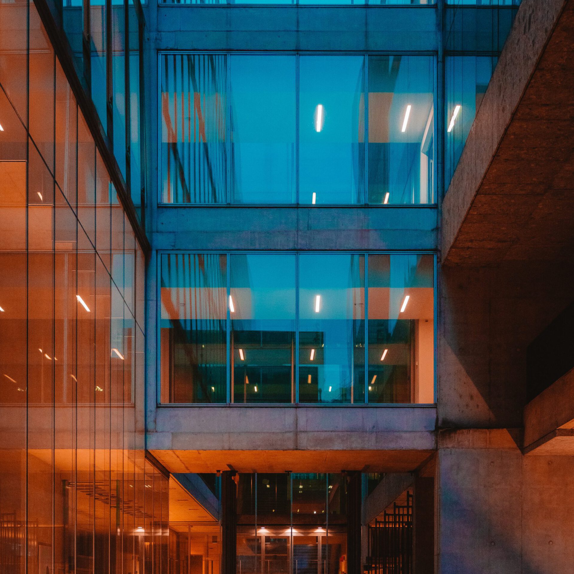 Outside view of glass walls and floors covered in blue and red lights with minimalistic concrete walls in Bocconi University in Milan Lombardy in Italy