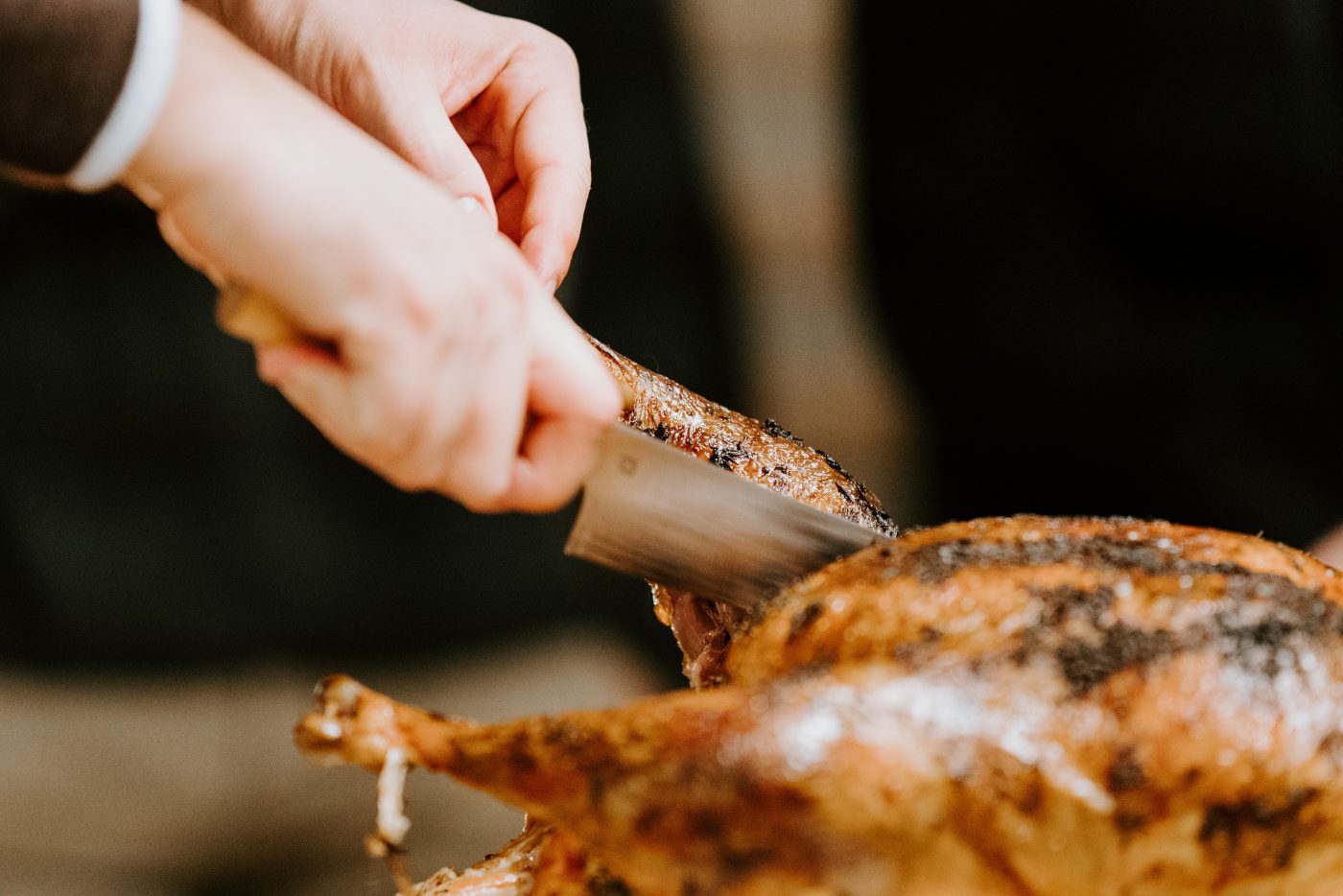 Whole cooked cappone being cut with a knife for Christmas in Italy
