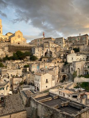 Old medieval style Matera town and Hotel Sextantio Le Grotte Della Civita with uniform and rocks structure in Basilicata in Italy