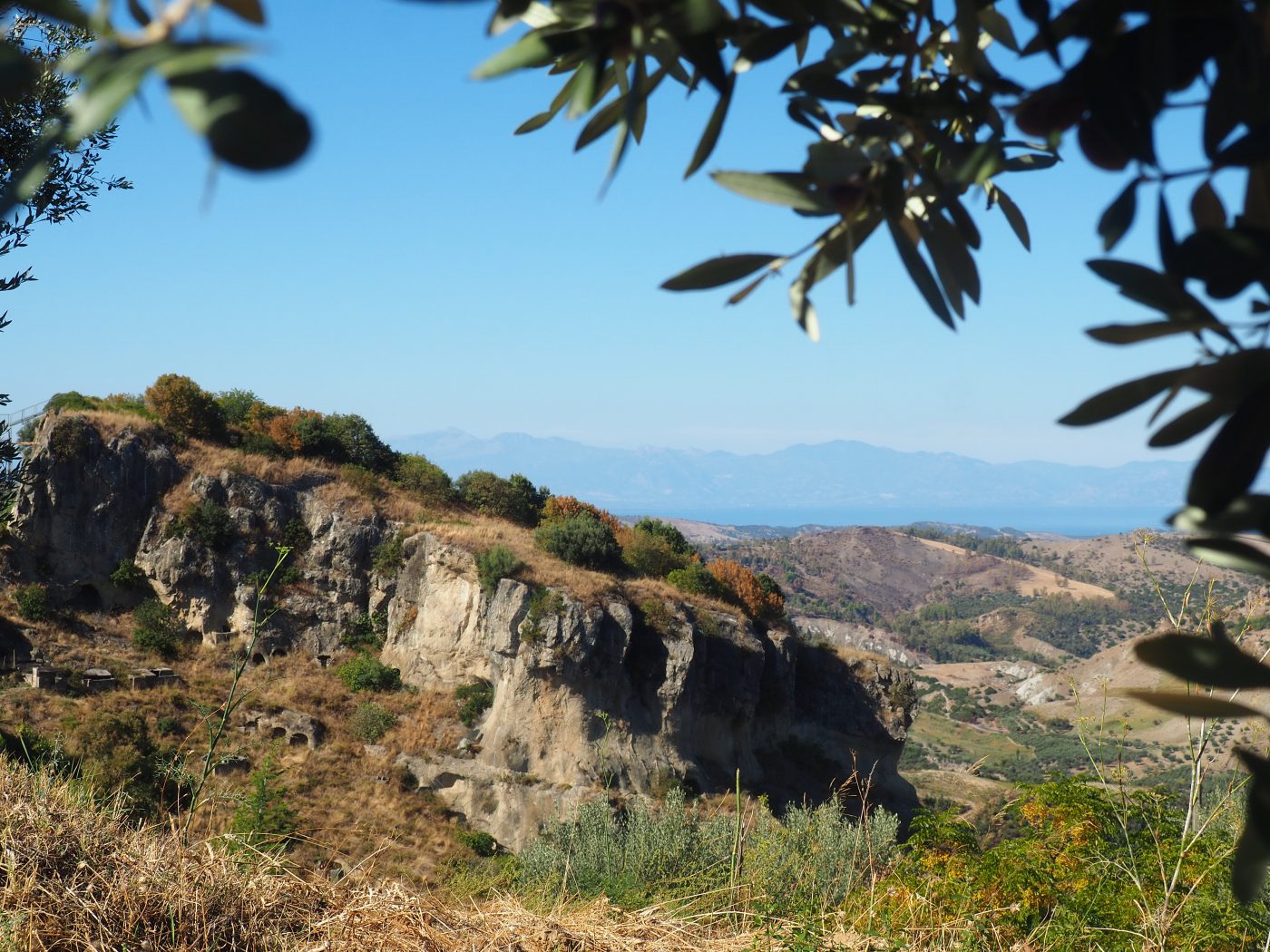 Mountains and blue sky background surrounded by trees and plants in Pietrapaola Calabria in Italy