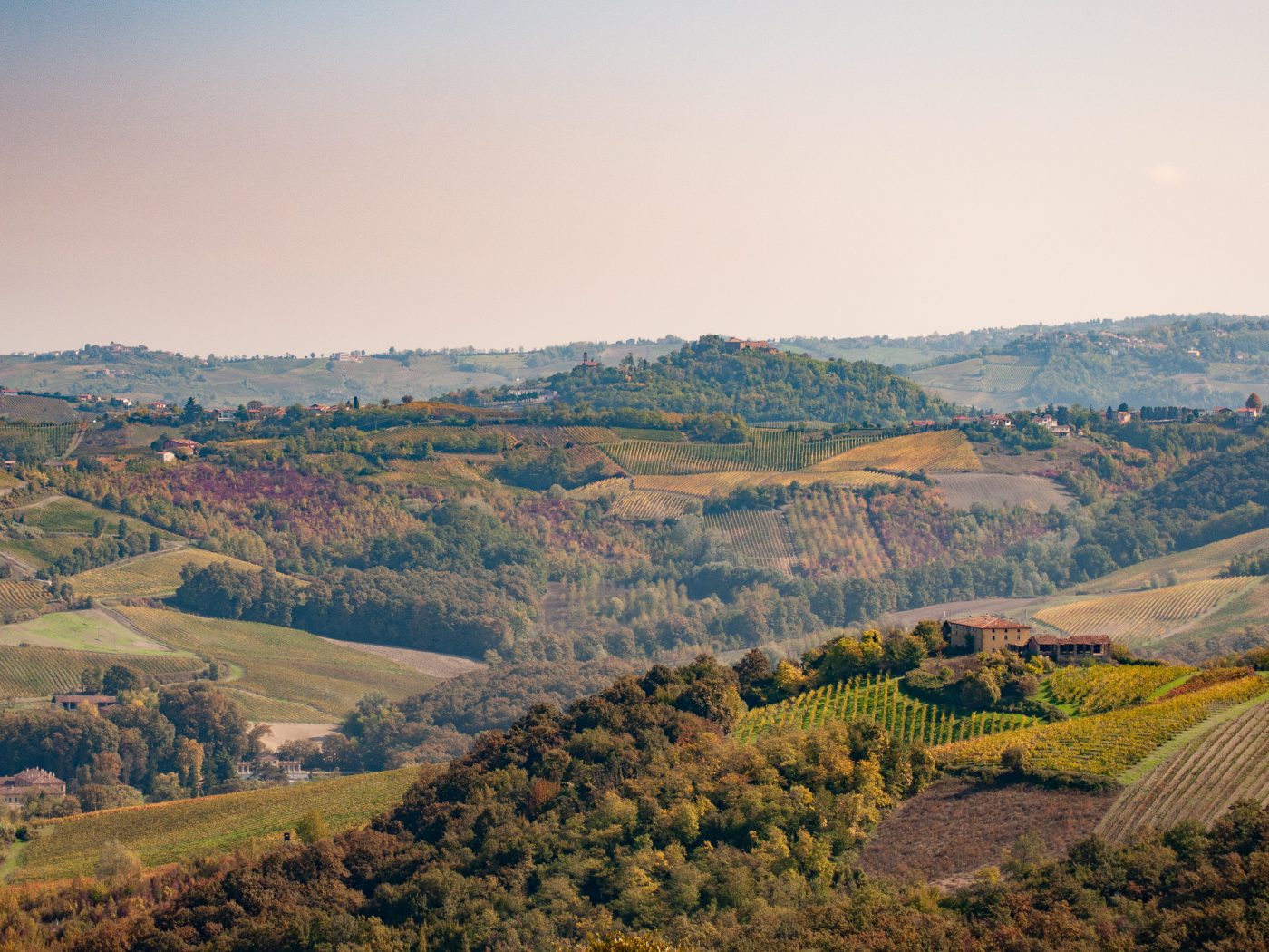 Mountains and hills landscape covered on trees and crops in Piedmont Italy