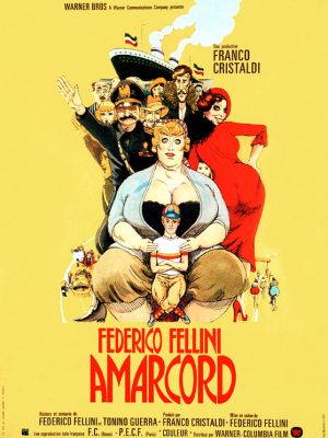 Drew poster of the movie Amarcord by Federico Fellini of italian characters and a big cruise with yellow background