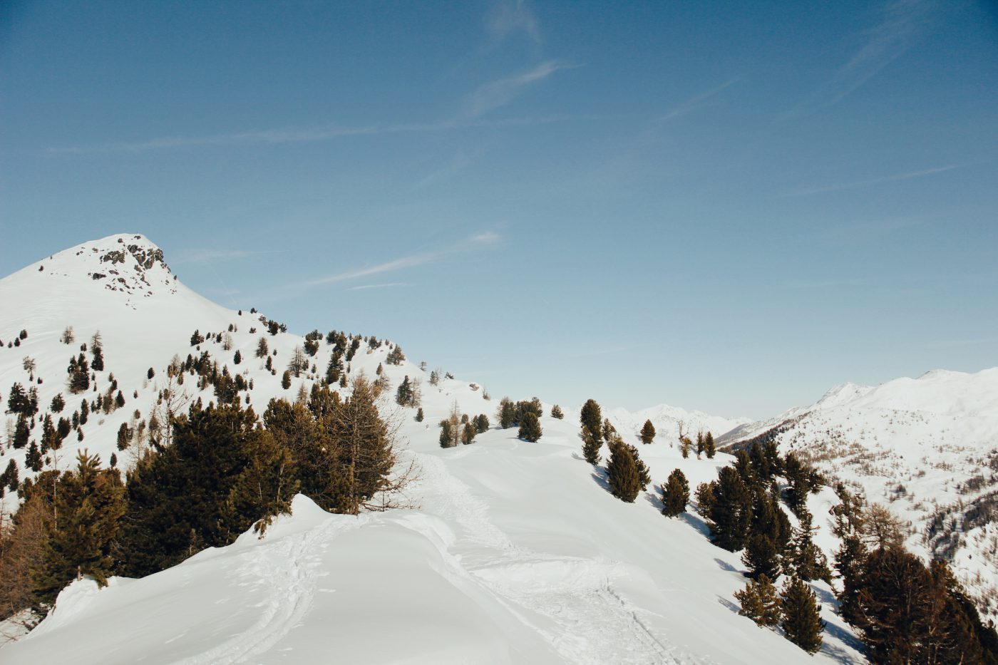 Mountains landscape covered on white bright snow with trees and blue sky in Piedmont Italy