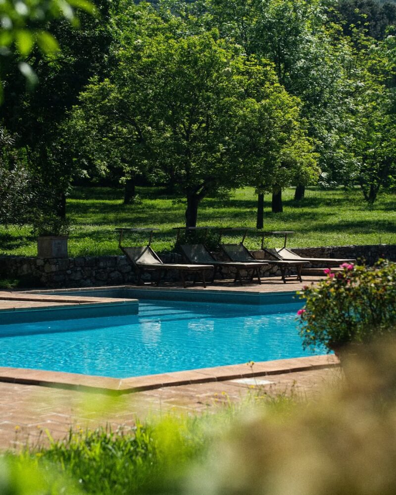 A clear blue pool and empty lounge chairs at Borgo della Marmotta, with green trees, grass, stone wall, and flowers on a sunny day.