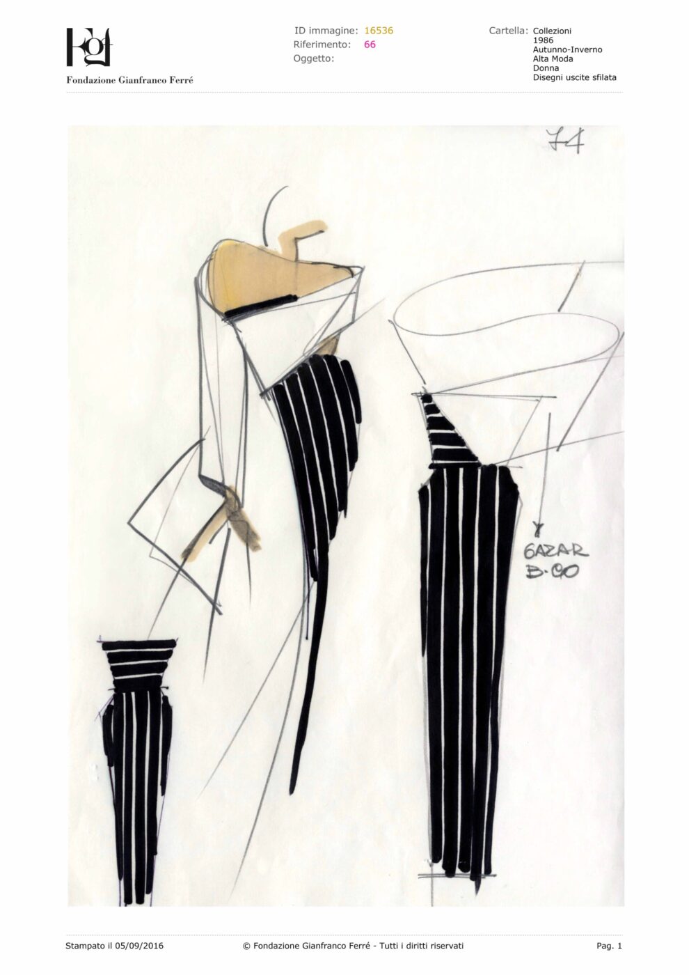 Fashion Forward - Schizzo di moda raffigurante una figura stilizzata e astratta in un completo a righe bianche e nere. Linee audaci e forme geometriche completano questo design sofisticato, catturando lessenza della moda italiana con un cenno a nomi meno noti come Gianfranco Ferré.