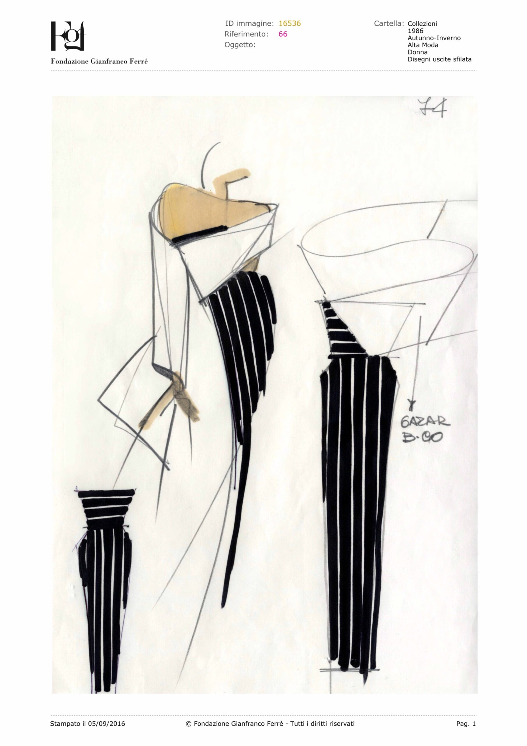 Fashion Forward - Schizzo di moda raffigurante una figura stilizzata e astratta in un completo a righe bianche e nere. Linee audaci e forme geometriche completano questo design sofisticato, catturando lessenza della moda italiana con un cenno a nomi meno noti come Gianfranco Ferré.