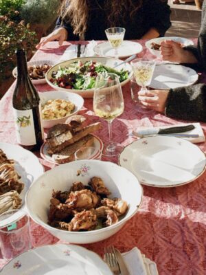 A lunch table with a pink table cloth