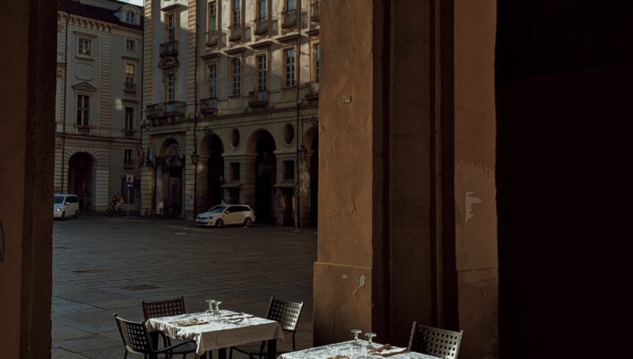 Arches and piazza in Turin, Italy