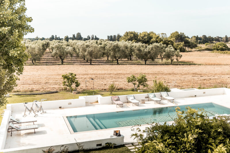 the pool at Masseria Prosperi with olive trees in the background
