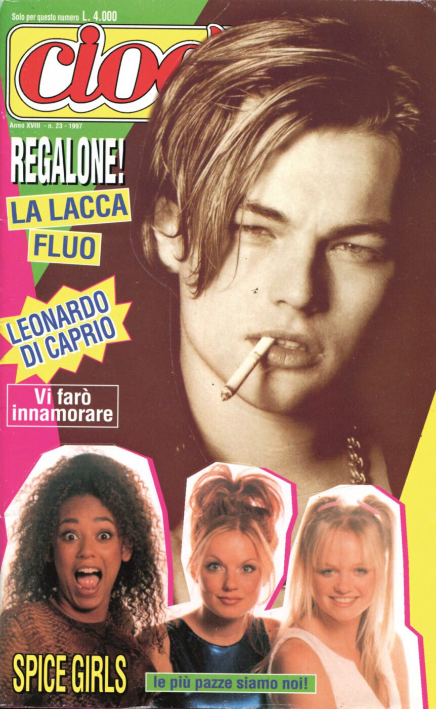 Cover of Italian magazine cioe with Leonardo DiCaprio smoking and Spice girls faces