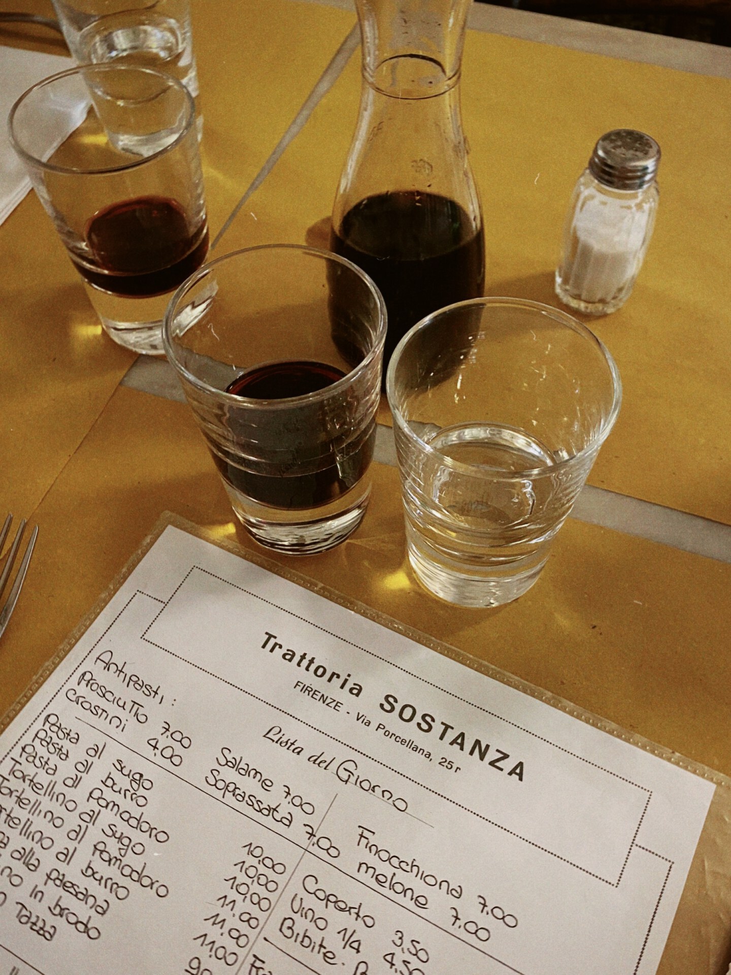 Menu and glasses of wine and water over wooden table at trattoria sostanza restaurant in florence Tuscany in Italy