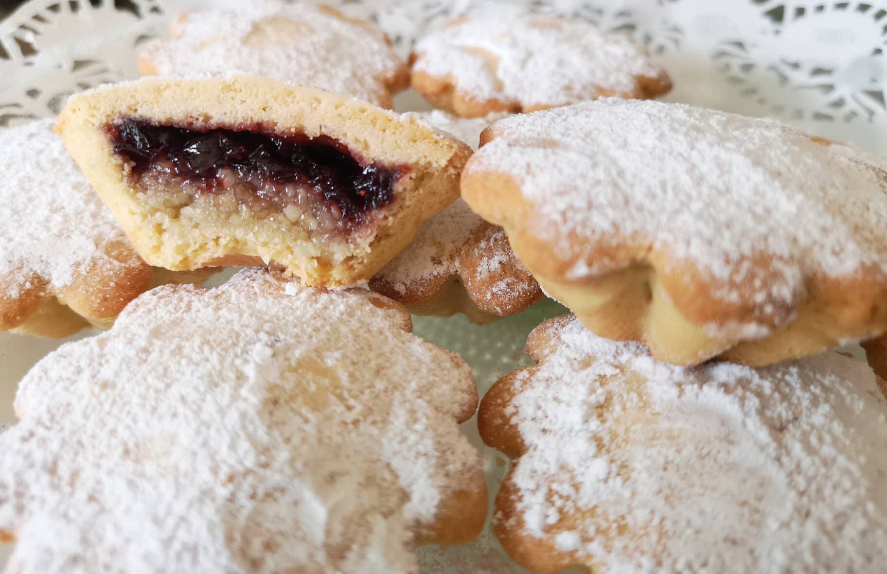 Bocconotti pastry sweets with fruit jam inside and dusted with powdered sugar in Castelfrentano Abruzzo Italy