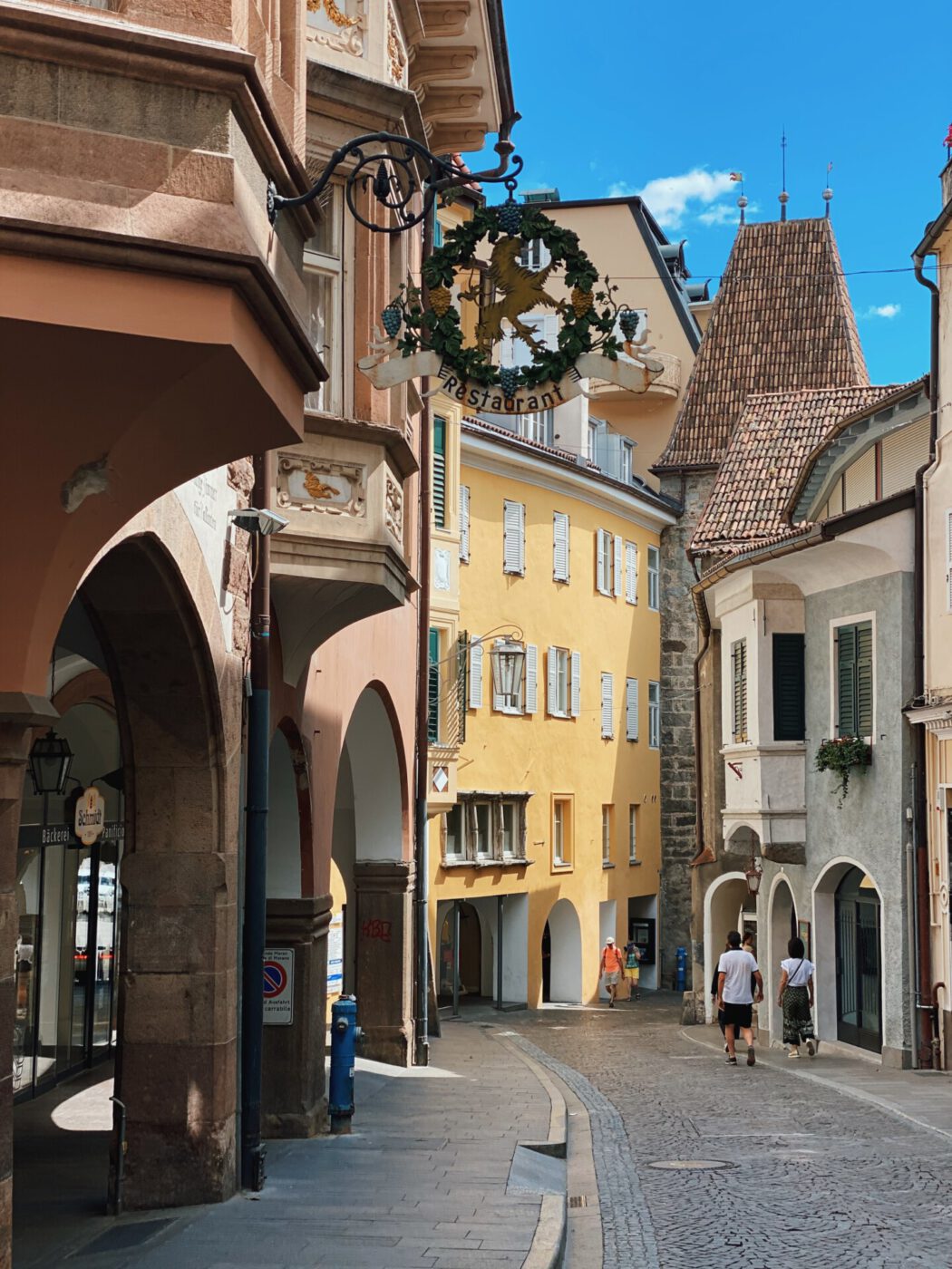 Traditional buildings on rocks and pastel colors with wooden windows and bricks roofs in Alto Adige Italy