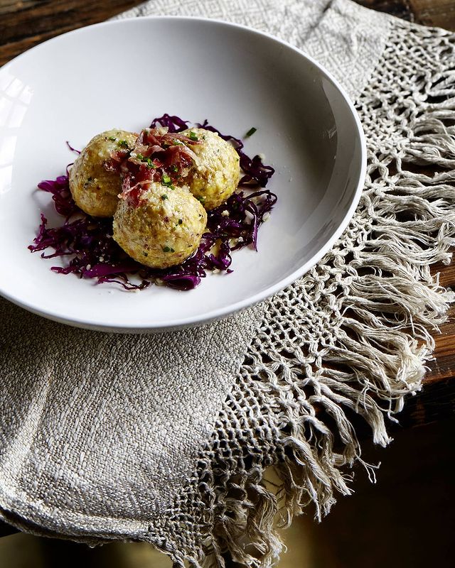 A dish of canederli from Rifugio Fuciade in the Dolomites