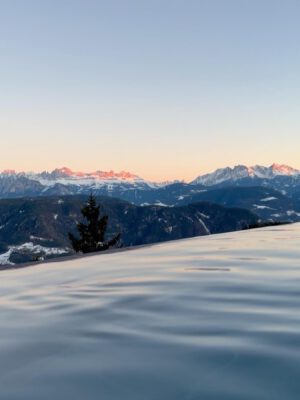Hotel saltus' swimming pool viewing mountains with plants, trees and covered in snow in Alto Adige in Italy
