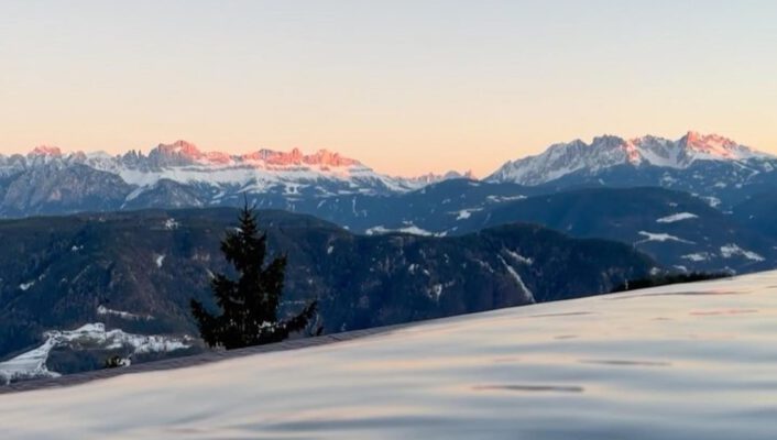 Hotel saltus' swimming pool viewing mountains with plants, trees and covered in snow in Alto Adige in Italy