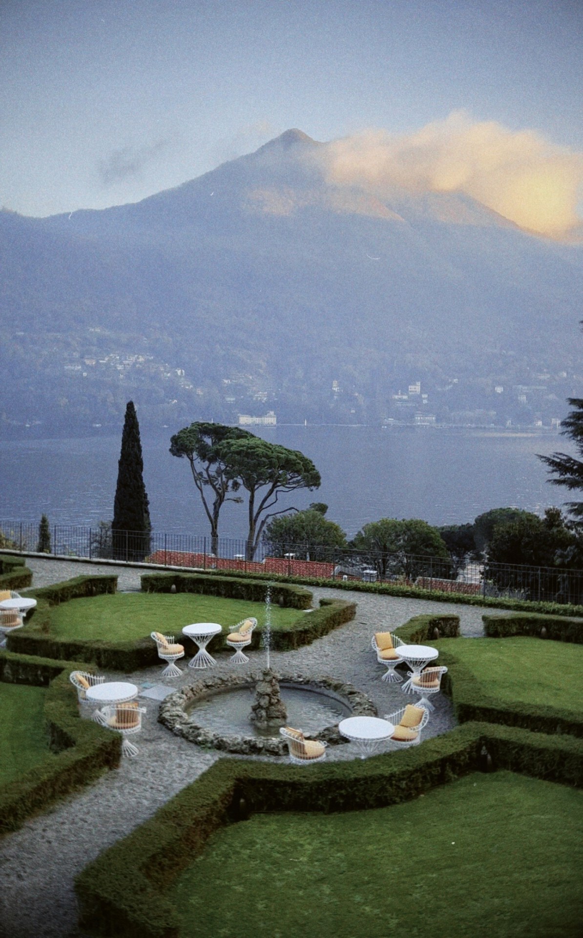 Lake view at sunset from Passalacqua hotel on Lake Como