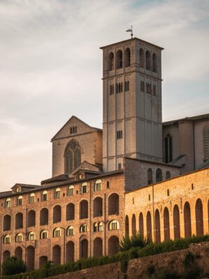 Front view of main cathedral of Assisi town in Umbria, Italy