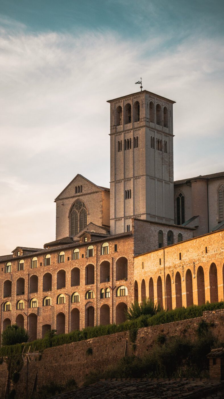 Front view of main cathedral of Assisi town in Umbria, Italy