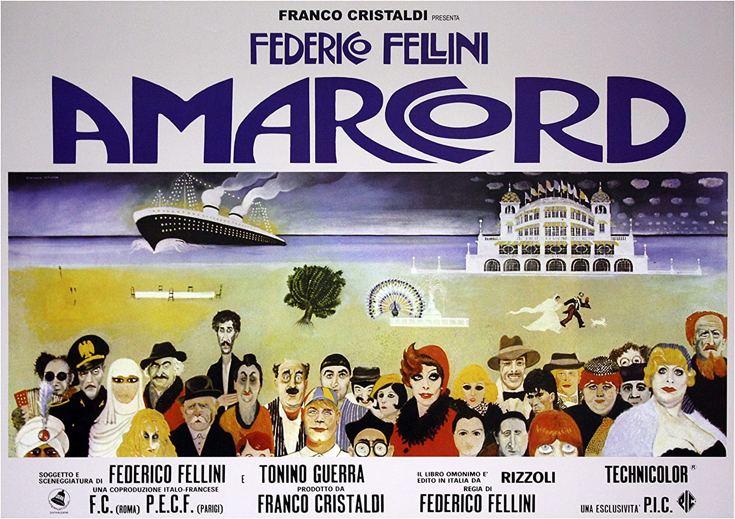 a movie poster of Fellini's film Amarcord showing a cruise ship, the Grand Hotel Rimini, a peacock and a married couple in the background and a lot of different people in the foreground