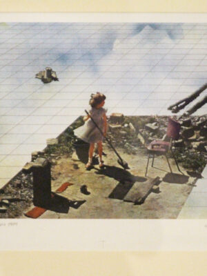 Surreal Isolation - A girl in a dress stands on a small, floating section of ground with scattered objects, including a chair and logs. The background is a grid pattern with a cloudy sky, creating a surreal, isolated scene.