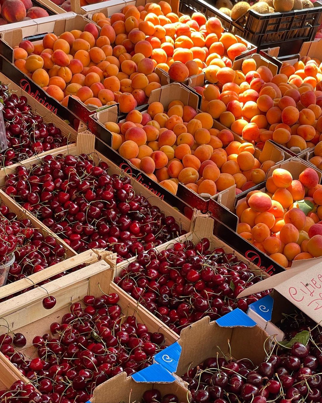 boxes of cherries and apricots at Palermo's Ballarò market