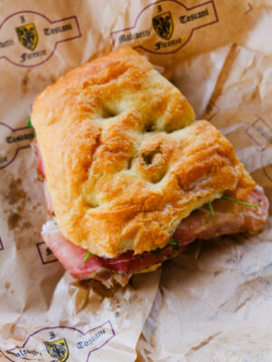 a panino on schiacciata bread from I Maledetti Toscani