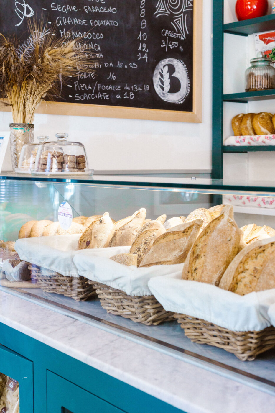 loaves of break in the case at Forno Biancuccia