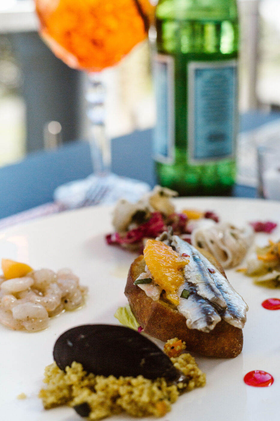 Il Cove Marino - antipasti misti with a closeup of bruschetta with anchovies