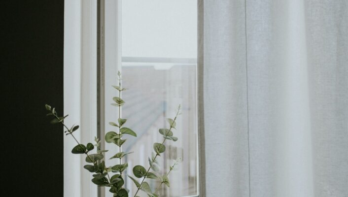 a photo of a slightly ajar window with a thin white curtain and a white pitcher and eucalyptus sitting on the windowsill