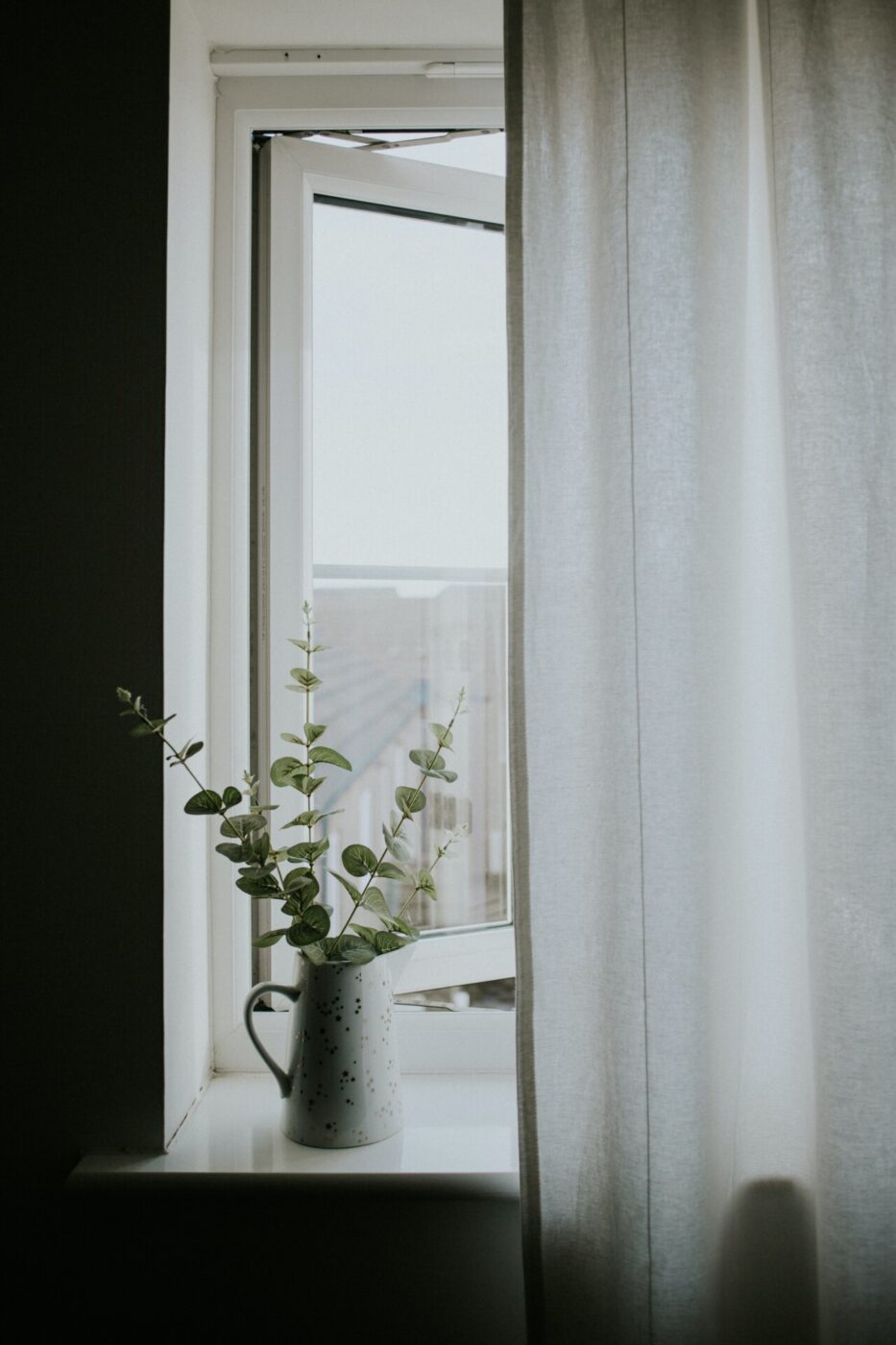 a photo of a slightly ajar window with a thin white curtain and a white pitcher and eucalyptus sitting on the windowsill