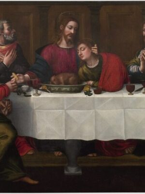 Plautilla Nelli, “The Last Supper”; the disciples and Jesus at a long table with a white tablecloth and Judas is betraying Jesus