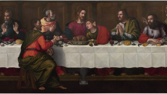 Plautilla Nelli, “The Last Supper”; the disciples and Jesus at a long table with a white tablecloth and Judas is betraying Jesus