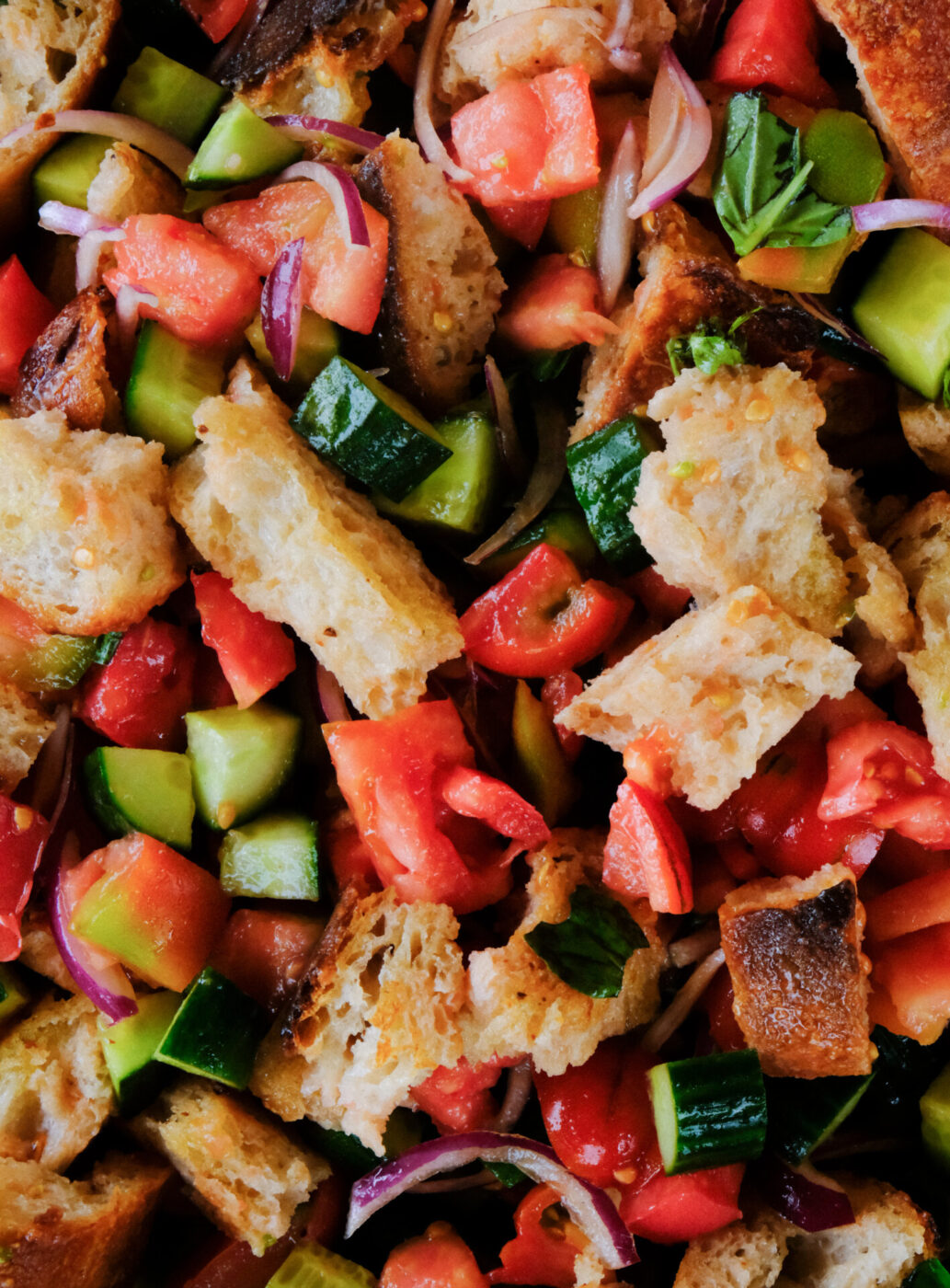 an overhead photo of a panzanella salad