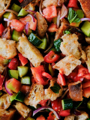 an overhead photo of a panzanella salad