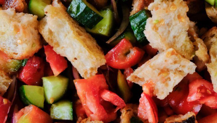 an overhead photo of a panzanella salad