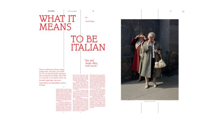 WHAT IT MEANS TO BE ITALIAN - Magazine spread for QUOTIDIANNO: bold red title, excerpt, and two older women—one eating gelato—on a city street.