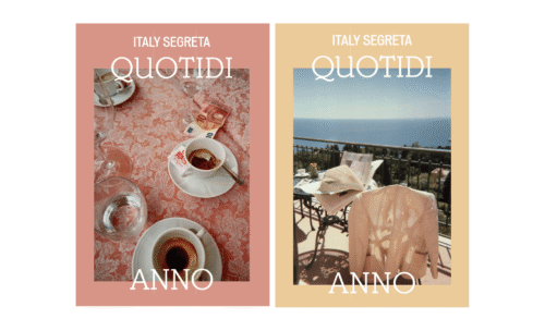 Two QUOTIDIANNO (2023) magazine covers - Left: coffee, glasses, sugar on pink; Right: sunlit balcony, shirt, sea view.