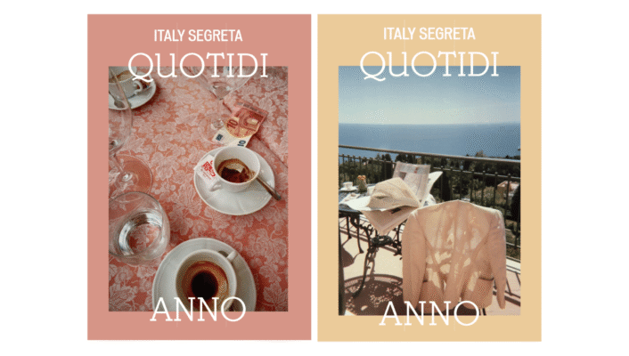 Two QUOTIDIANNO (2023) magazine covers - Left: coffee, glasses, sugar on pink; Right: sunlit balcony, shirt, sea view.