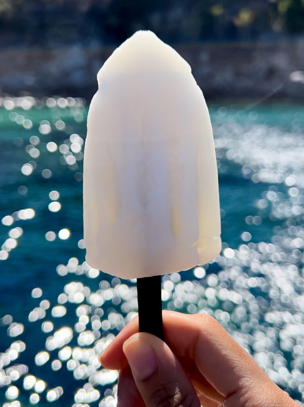 someone holding a pale yellow liuk ice pop by the sea