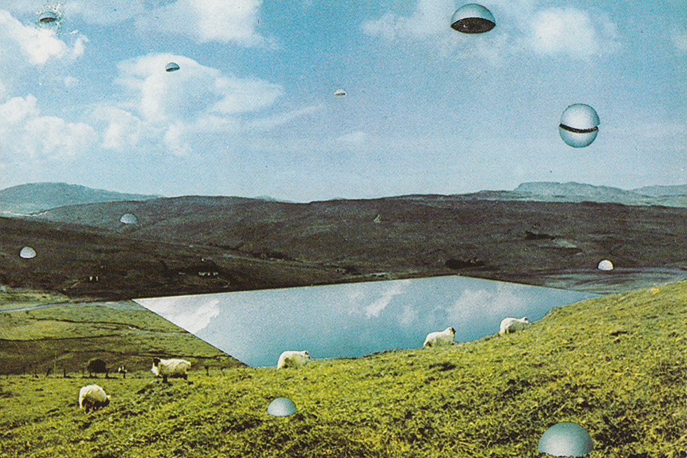 a mystic valley DJ set poster showing a valley with a reflection of the sky below and sheep and ufo things in the sky
